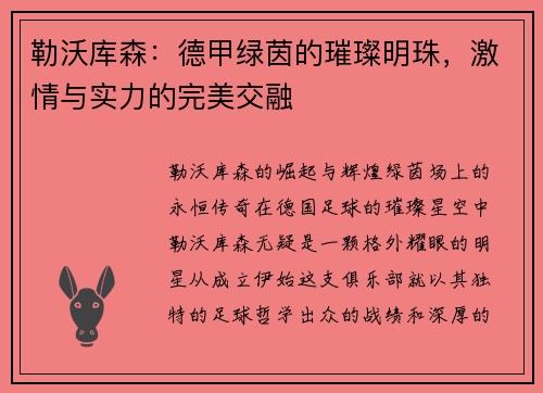 勒沃库森：德甲绿茵的璀璨明珠，激情与实力的完美交融