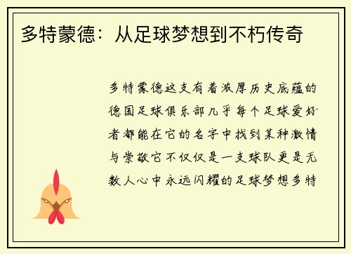 多特蒙德：从足球梦想到不朽传奇