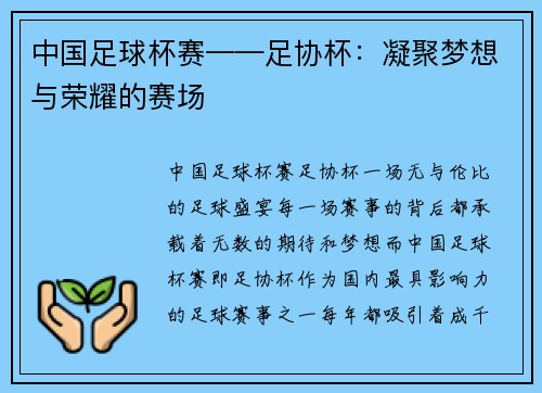 中国足球杯赛——足协杯：凝聚梦想与荣耀的赛场