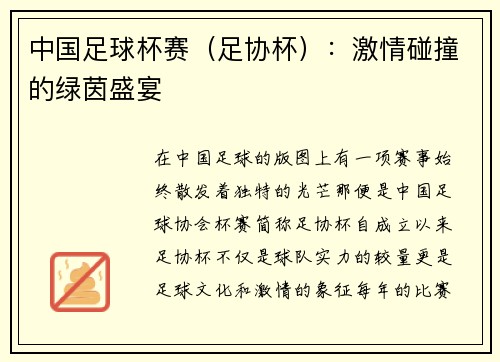 中国足球杯赛（足协杯）：激情碰撞的绿茵盛宴