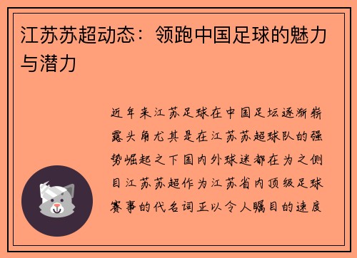江苏苏超动态：领跑中国足球的魅力与潜力